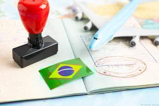 Brazil Flag With Approved Stamp Visa And Passport Document To Immigration At Airport Brazil Flag With Approved Stamp Visa And Passport Document To Immigration At Airport