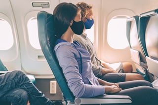 Couple Tourists Wearing Face Masks On Travel Vacation Flight Inside Plane Coronavirus Couple Tourists Wearing Face Masks On Travel Vacation Flight Inside Plane Coronavirus