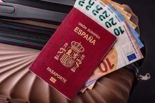 International Passport Of A Citizen Of Spain On A Suitcase Departure From The Airport International Passport Of A Citizen Of Spain On A Suitcase Departure From The Airport