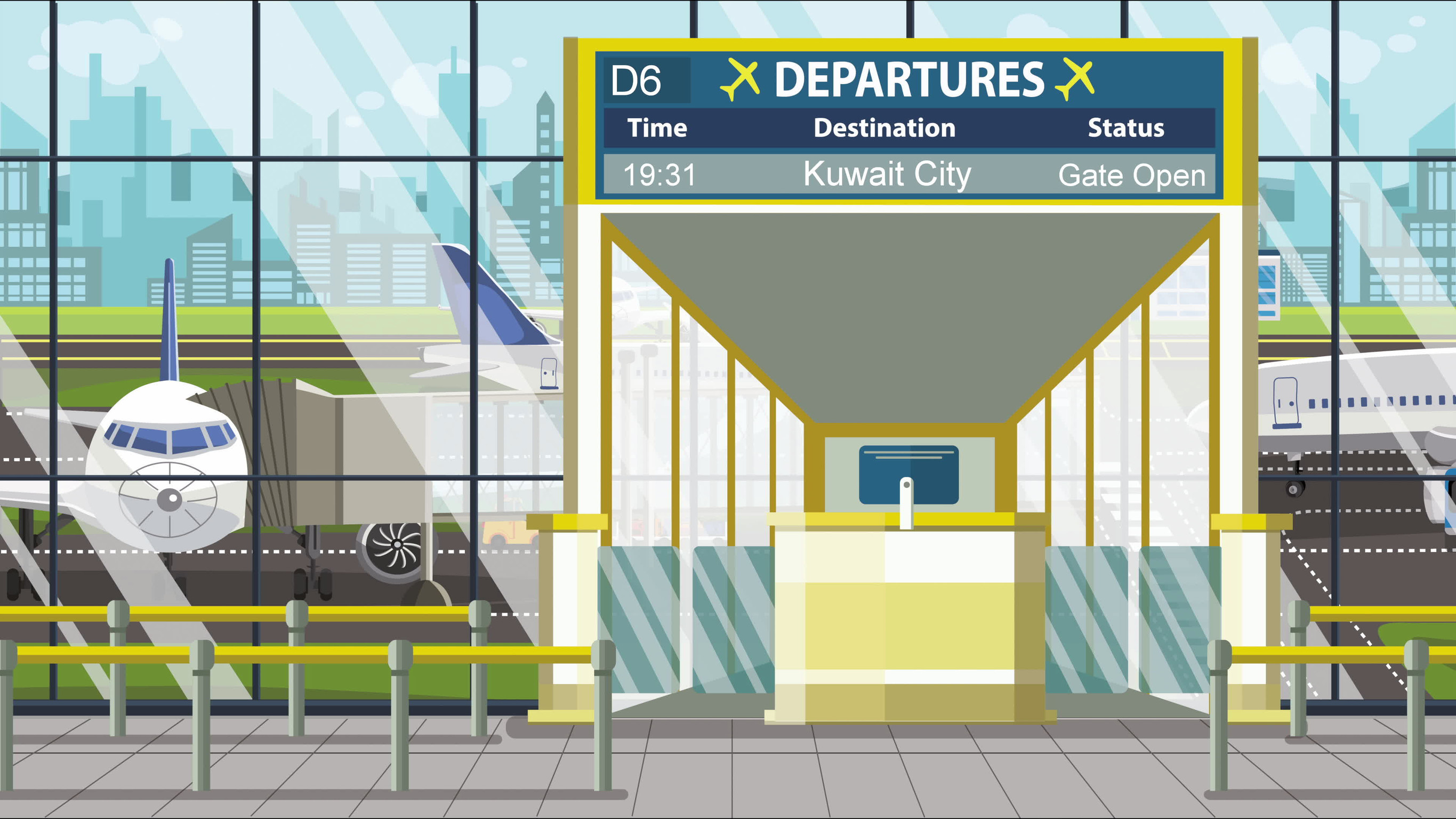 Flughafen-Gate-Abflugtafel mit Kuwait-Stadt-Text Reise nach Kuwait