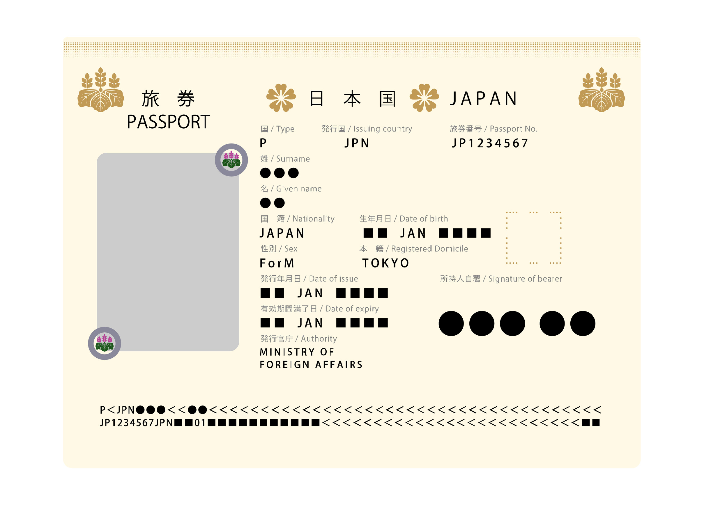 Illustration d'une page d'identification d'un passeport japonais Illustration d'une page d'identification d'un passeport japonais