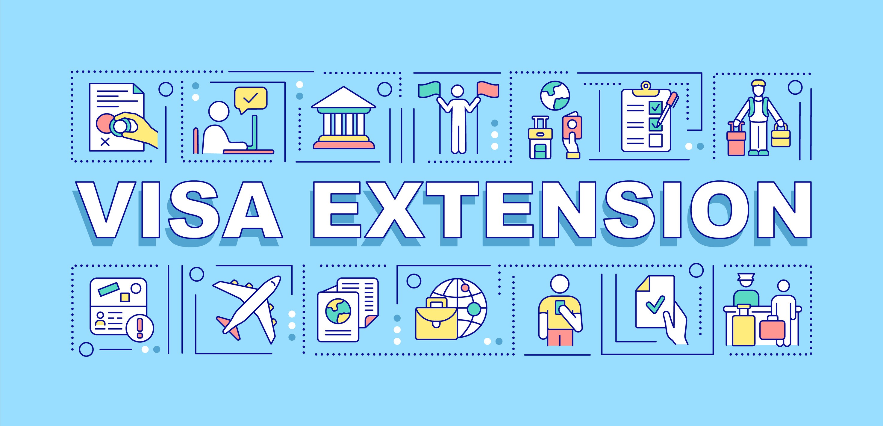 Bannière de concepts de mots pour l'extension de visa, approbation d'autorisation d'entrée, infographie avec linéaire Bannière de concepts de mots pour l'extension de visa, approbation d'autorisation d'entrée, infographie avec linéaire